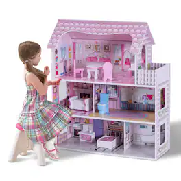 Costway - 28'' Dollhouse w/ Furniture and Play Accessories for Girls - Pink