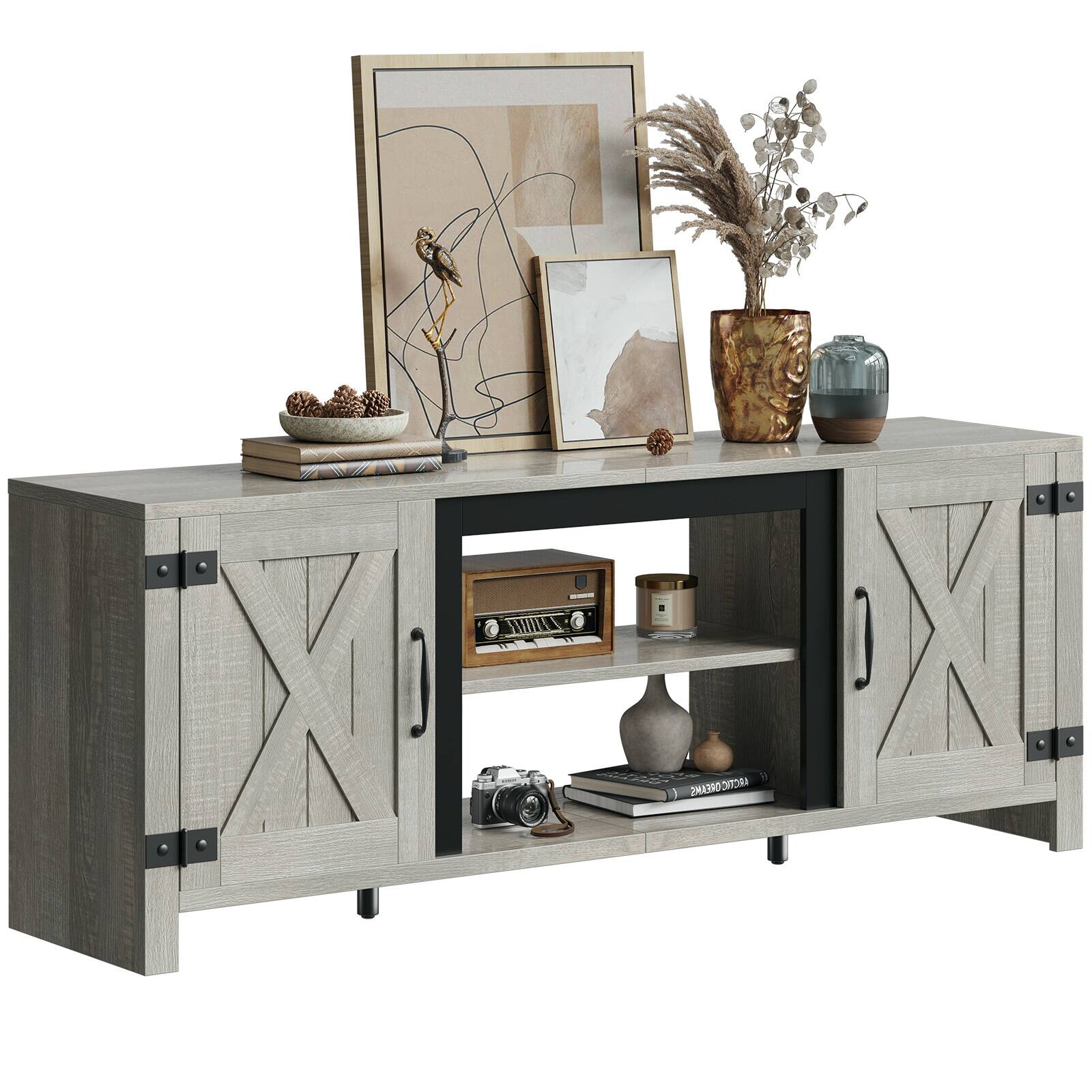 Angle. Bestier - 60.7" Farmhouse Media Console with Sliding Barn Doors & Fluted Details, Rustic TV Stand for 65" TVs - Vintage Gray White.