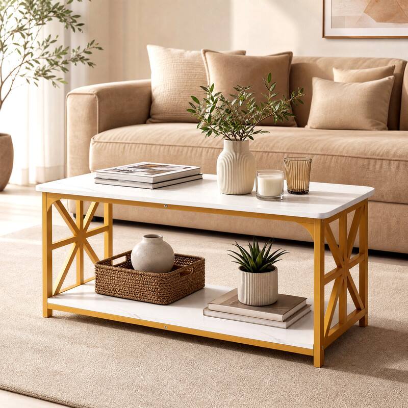Angle. WELLFOR - 2-Tier Farmhouse Coffee Table with Open Storage Shelf, Center Tables for Living Room - White & Golden.