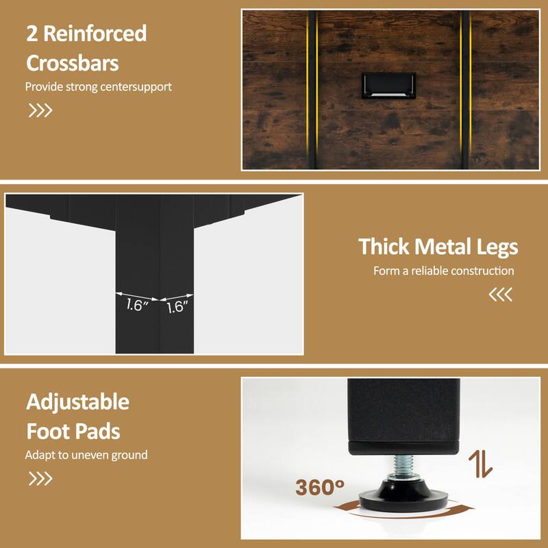 2 Reinforced Crossbars Provide strong centersupport  
1.6" 1.6" Thick Metal Legs Form a reliable construction  
Adjustable Foot Pads Adapt to uneven ground  
360°