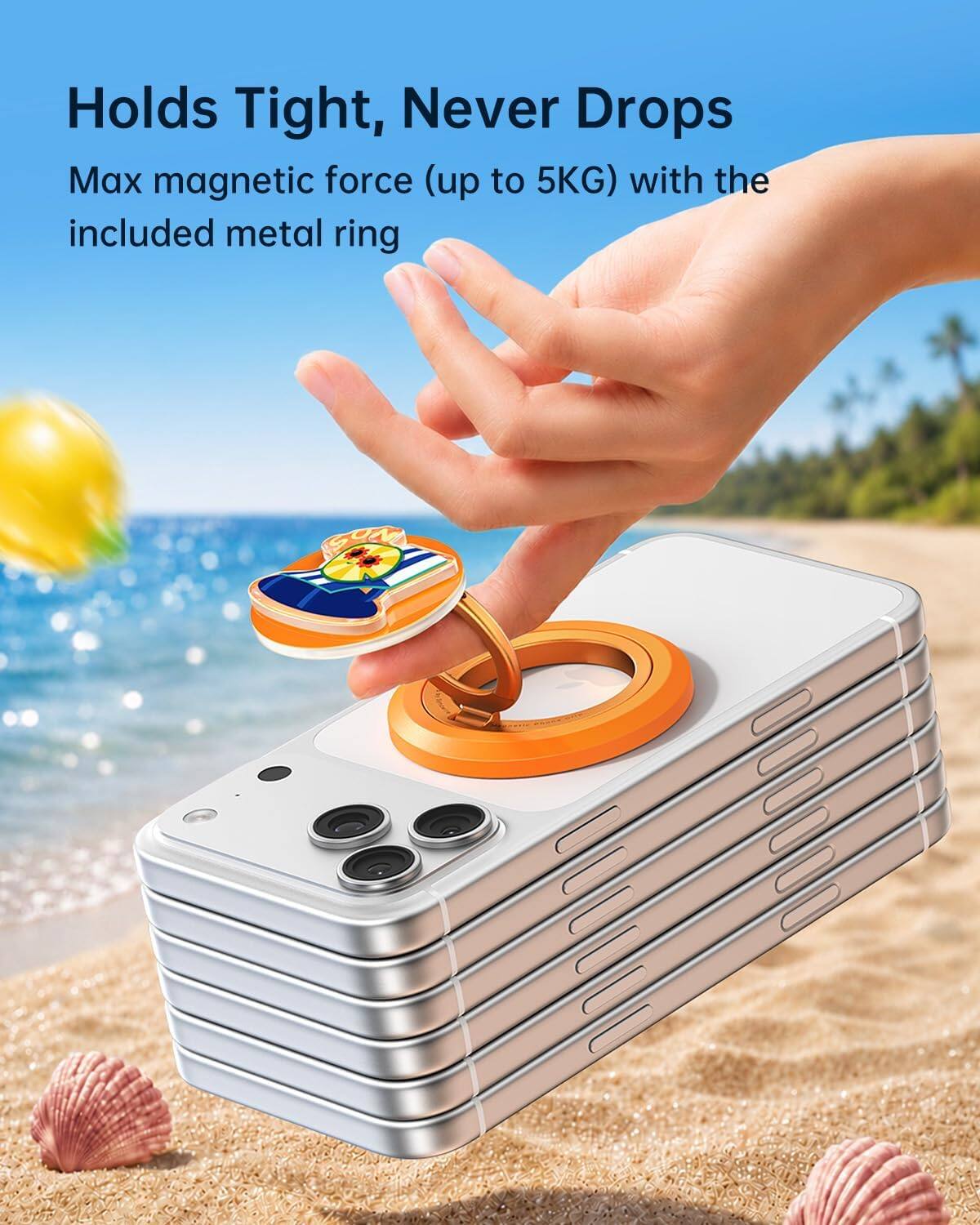 Holds Tight, Never Drops  
Max magnetic force (up to 5KG) with the included metal ring