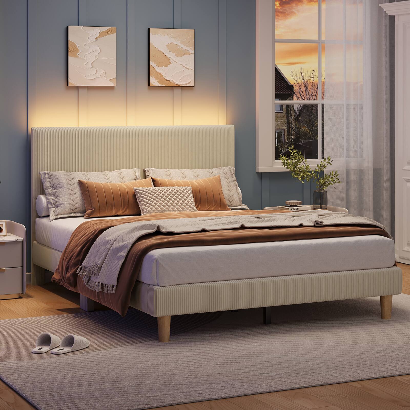 Alt View 1. Bestier - Queen Size Upholstered Bed Frame with LED Lights, Adjustable Headboard - Taupe.