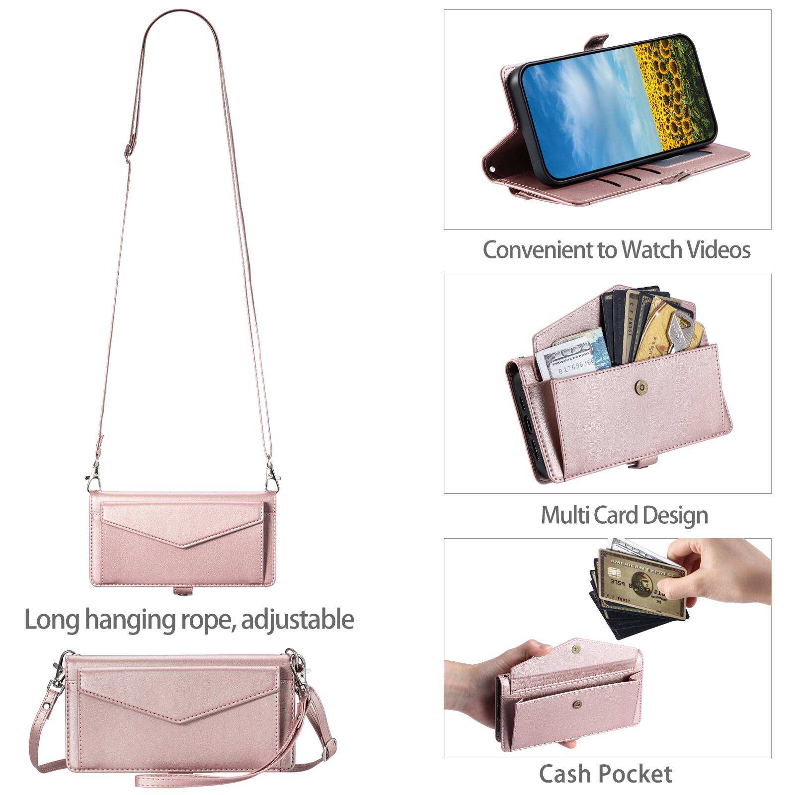 Convenient to Watch Videos  
Multi Card Design  
Long hanging rope, adjustable  
Cash Pocket