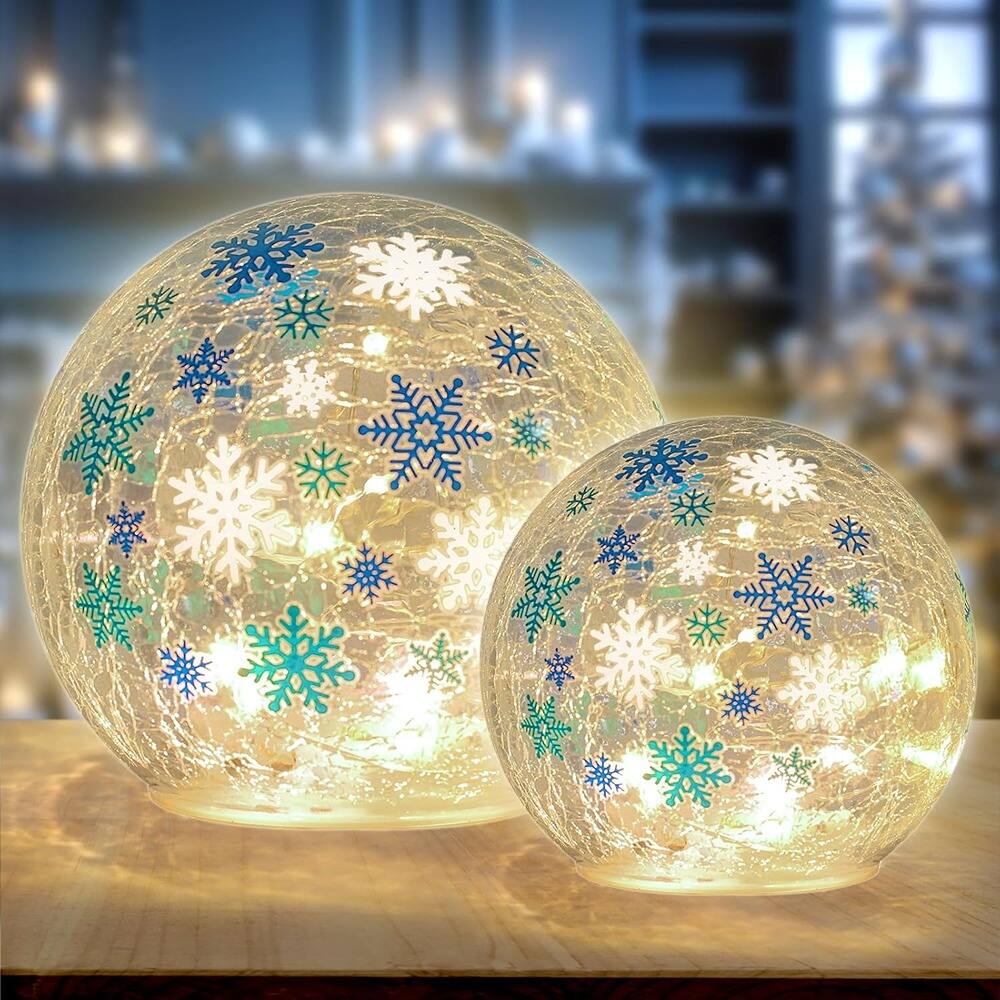 Front. Schertz - Set of 2 Lighted Glass Crackle Ball Ornaments – LED Snowflake, Battery Operated - multicolor.