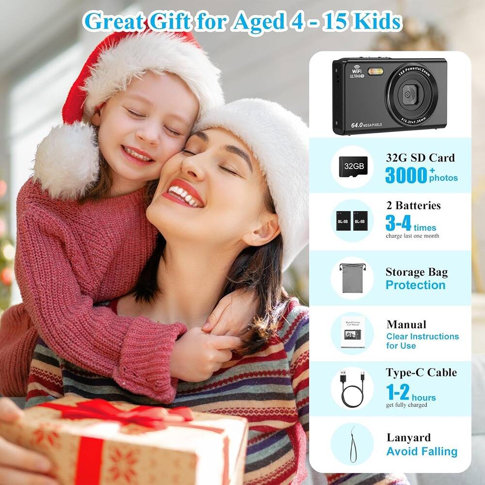 Great Gift for Aged 4 - 15 Kids

- 32G SD Card
- 3000+ photos
- 2 Batteries
- 3-4 times charge last one month
- Storage Bag Protection
- Manual Clear Instructions for Use
- Type-C Cable
- 1-2 hours get fully charged
- Lanyard Avoid Falling