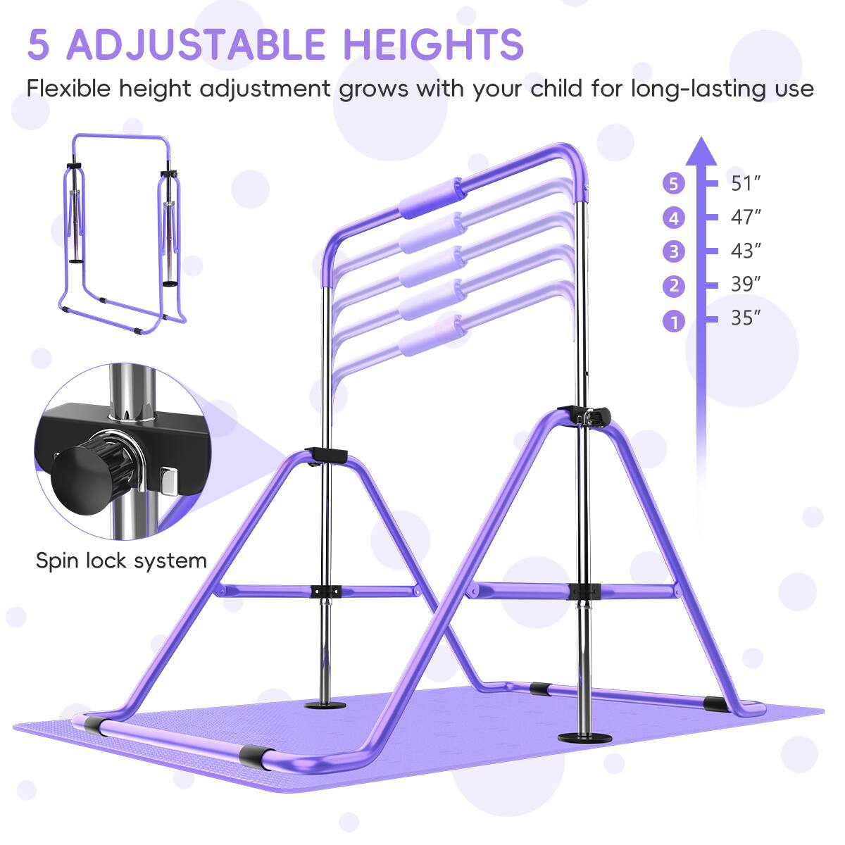 5 ADJUSTABLE HEIGHTS  
Flexible height adjustment grows with your child for long-lasting use  

5 4 51"  
4 47"  
3 43"  
2 39"  
1 35"  

Spin lock system