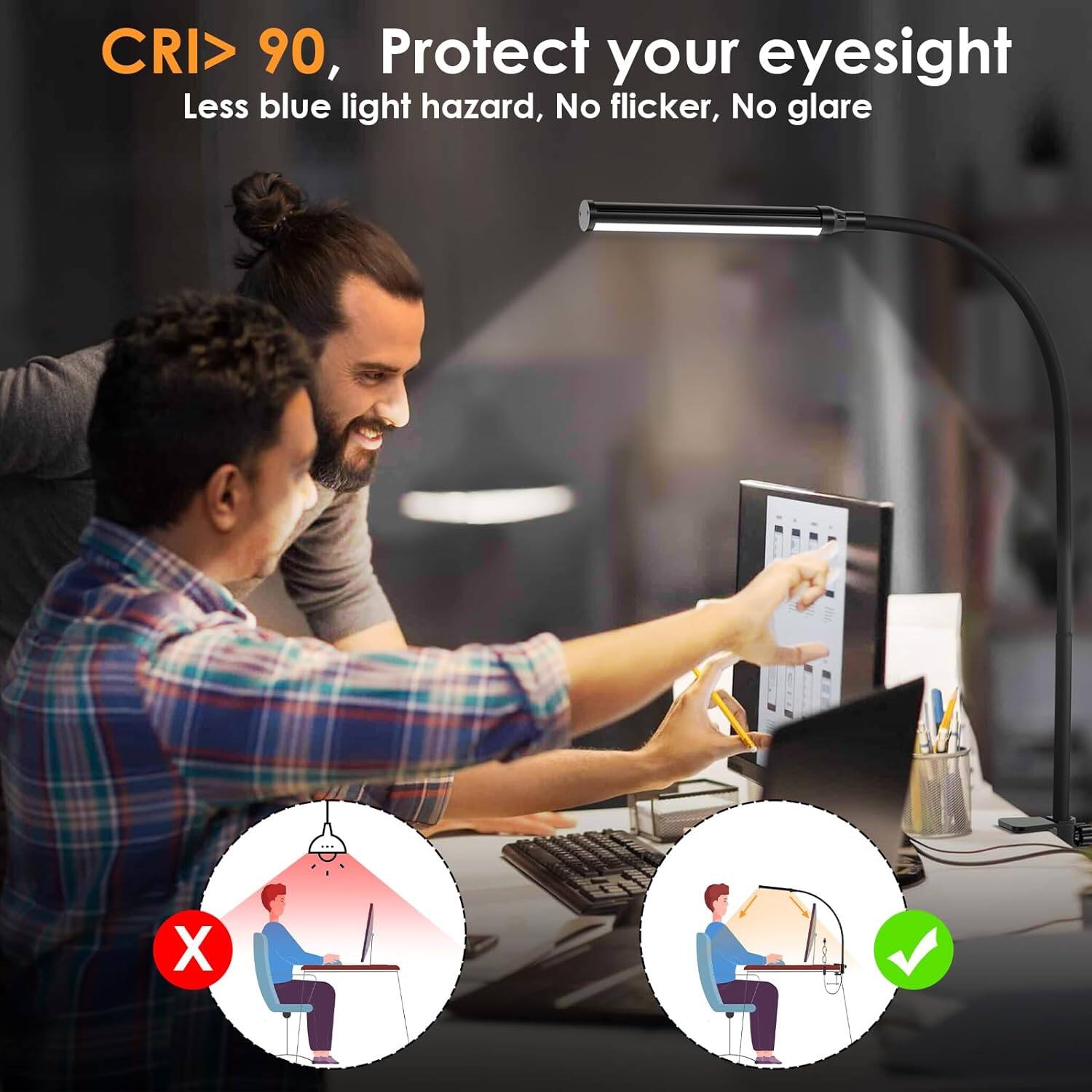 CRI > 90, Protect your eyesight  
Less blue light hazard, No flicker, No glare