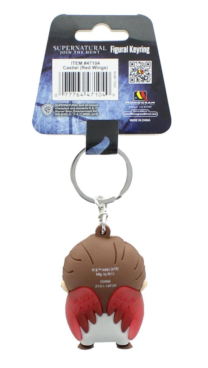 Sure, here is the corrected and grouped text from the image:

---

**SUPERNATURAL Figural Keyring**  
**JOIN THE HUNT**  
**ITEM #47104**  
**Castiel (Red Wings)**  

**0177764471041**  

**SUPERNATURAL and related characters and elements © & ™ WB Warner Bros Entertainment Inc.**  
**WB SHIELD: © A WBEL (s1) MONOGRAM**  
**CA 91789**  
**MADE IN CHINA**  
**O& WBEL.(s18) WBEI (s18)**  

**Mfg by MII**  
**CHINA**  
**ZY01-18F29**  

---

**Mg by MII**  
**CHINA**  
**ZY01-18F29**  

---