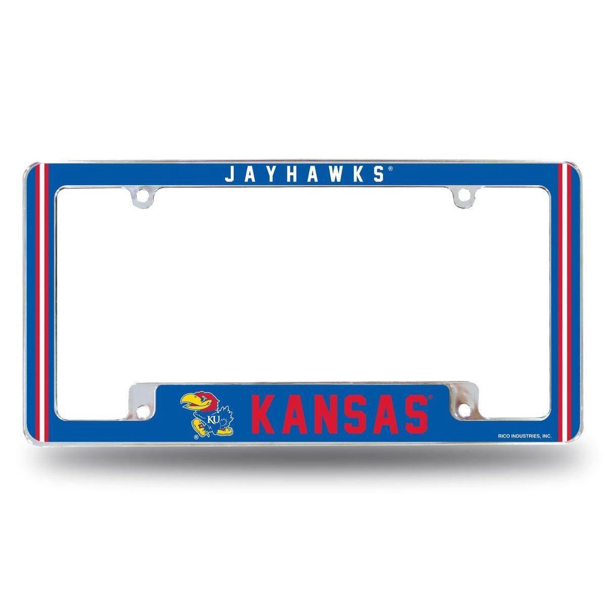 Kansas Jayhawks Chrome Metal License Plate Frame with Full Frame Team Color Graphics