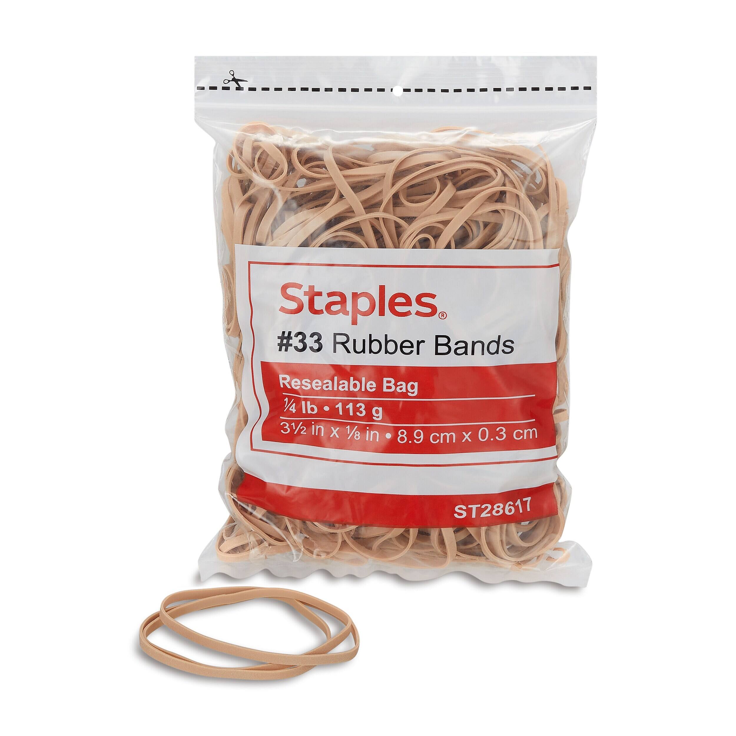 Staples #33 Rubber Bands  
Reealable Bag  
1/4 lb • 113 g  
3 1/2 in x 1/8 in • 8.9 cm x 0.3 cm  
ST28617
