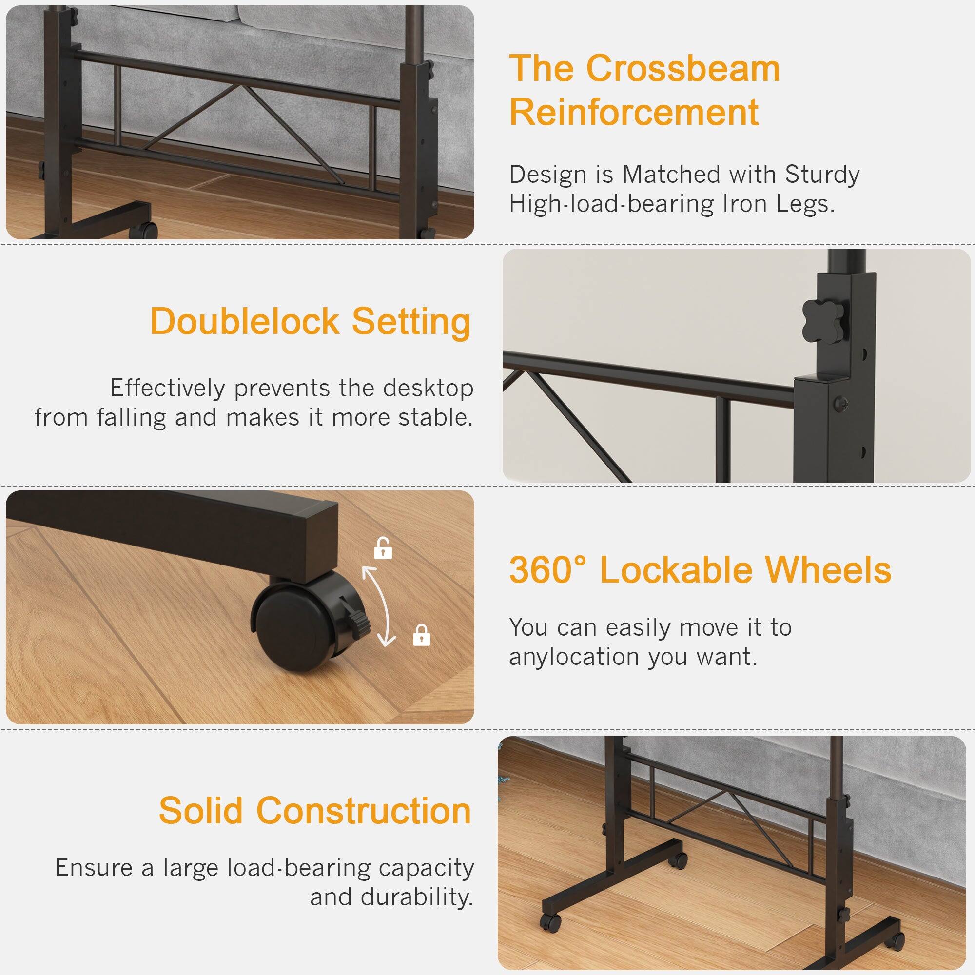 The Crossbeam Reinforcement Design is Matched with Sturdy High-load-bearing Iron Legs. Doublelock Setting Effectively prevents the desktop from falling and makes it more stable. 360° Lockable Wheels You can easily move it to any location you want. Solid Construction Ensures a large load-bearing capacity and durability.