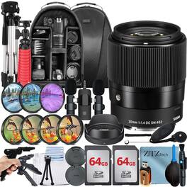 Bundle - Sigma - 30mm f/1.4 DC DN Contemporary Lens for Sony + 2x 64GB Memory Card + Backpack + Tripod + ZeeTech - Black