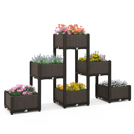 Front. Gymax - Gymax 6 PCS Elevated Plastic Raised Garden Bed Planter Kit for Flower Vegetable Grow - Brown.