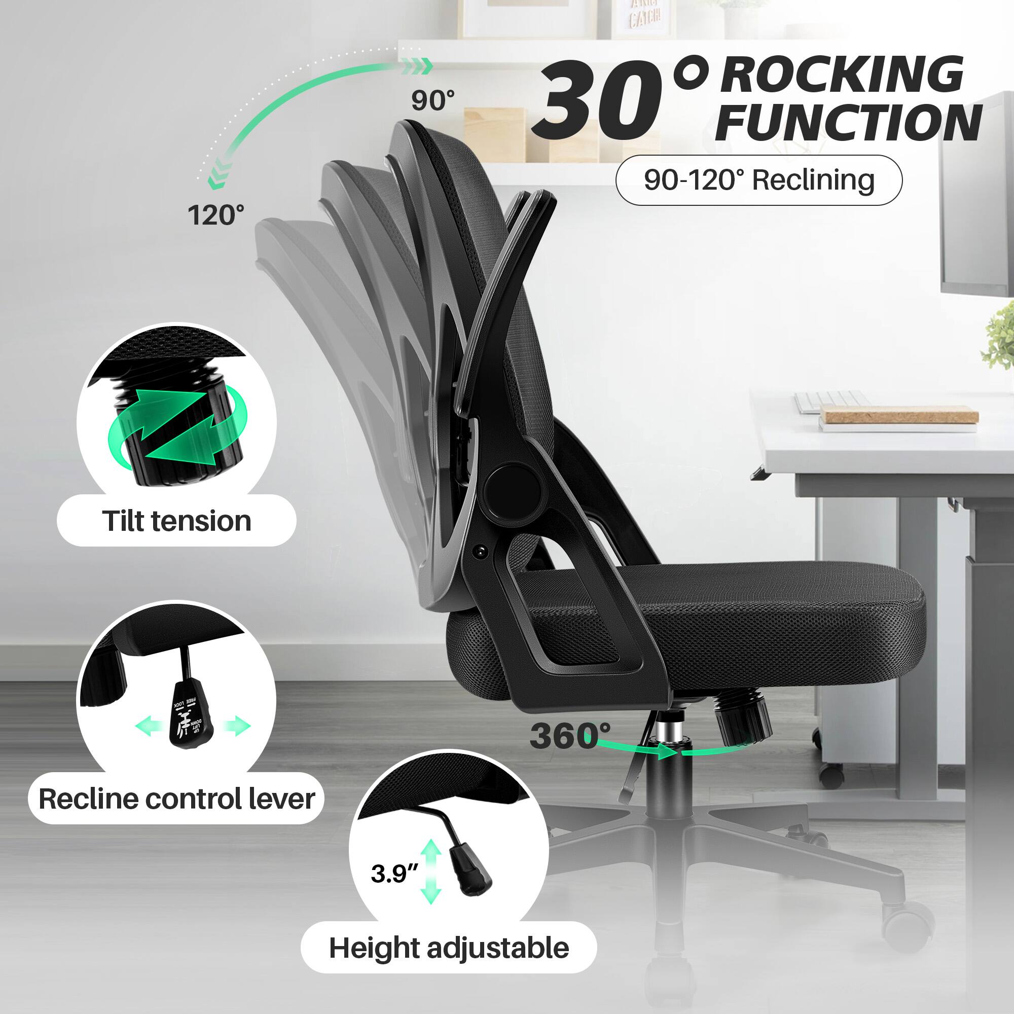 120  
90  
FRIGI CANE O ROCKING 30° FUNCTION 90-120° Reclining  
Tilt tension  
19  
360°  
Recline control lever  
3.9"  
Height adjustable