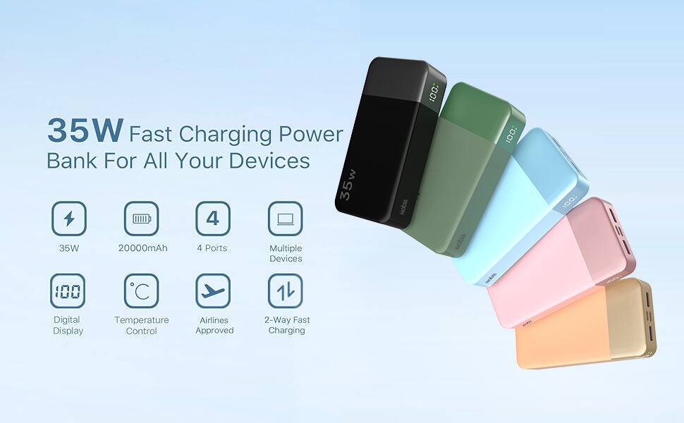 35W Fast Charging Power Bank For All Your Devices  
35W 20000mAh 4 Ports Multiple Devices  
Digital Temperature Airlines 2-Way Fast Display Control Approved Charging