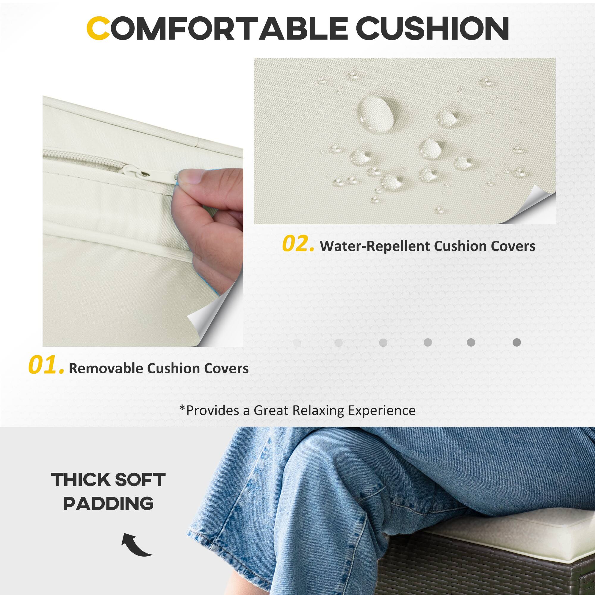 COMFORTABLE CUSHION

01. Removable Cushion Covers  
*Provides a Great Relaxing Experience

02. Water-Repellent Cushion Covers

THICK SOFT PADDING
