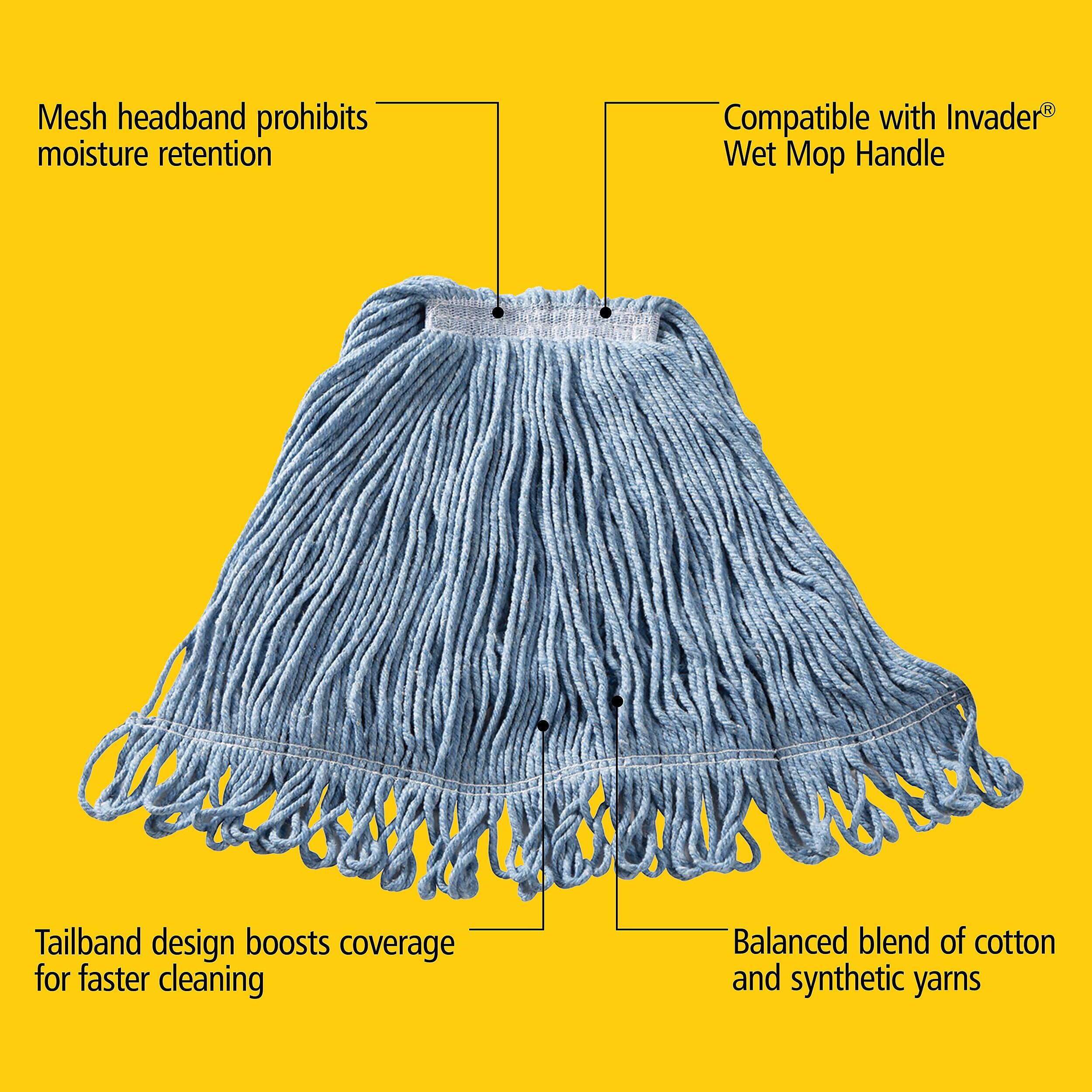 Mesh headband prohibits moisture retention  
Compatible with Invader® Wet Mop Handle  
Tailband design boosts coverage for faster cleaning  
Balanced blend of cotton and synthetic yarns