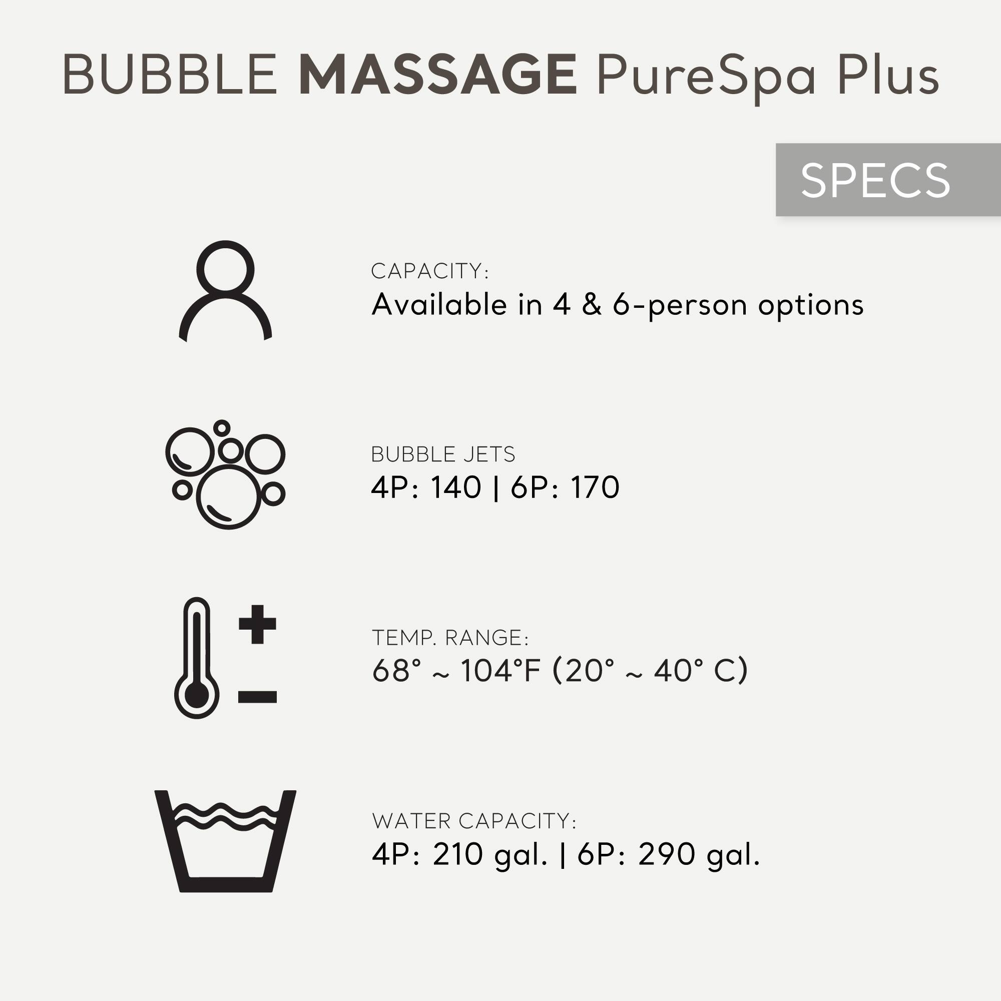 BUBBLE MASSAGE PureSpa Plus  
SPECs  

CAPACITY:  
Available in 4 & 6-person options  

BUBBLE JETS  
4P: 140 | 6P: 170  

TEMP. RANGE:  
68° ~ 104°F (20° ~ 40°C)  

WATER CAPACITY:  
4P: 210 gal. | 6P: 290 gal.