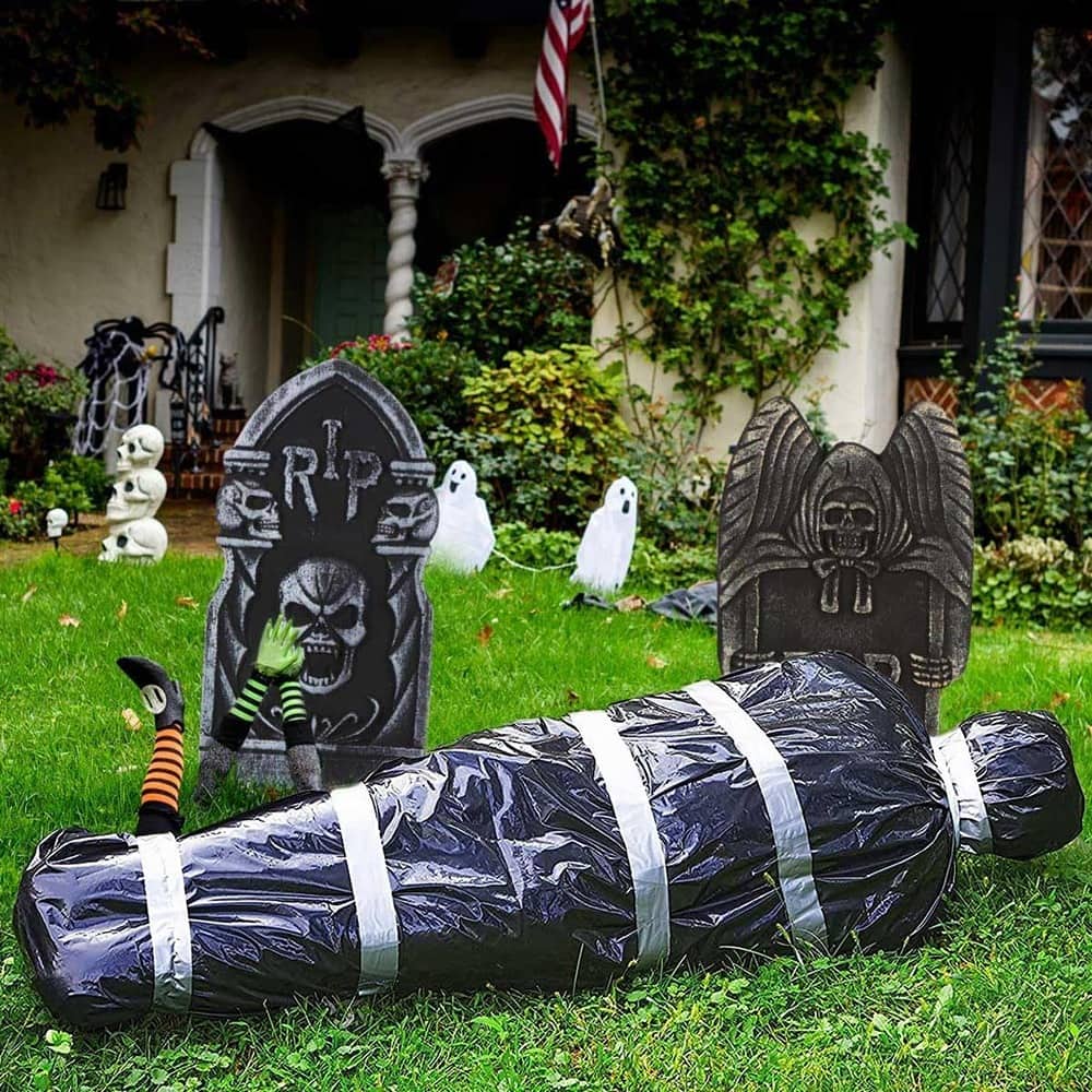 RTMB - 60" Hanging Dead Body Prop – Creepy Corpse in Bag, Indoor/Outdoor Halloween Decor - Black