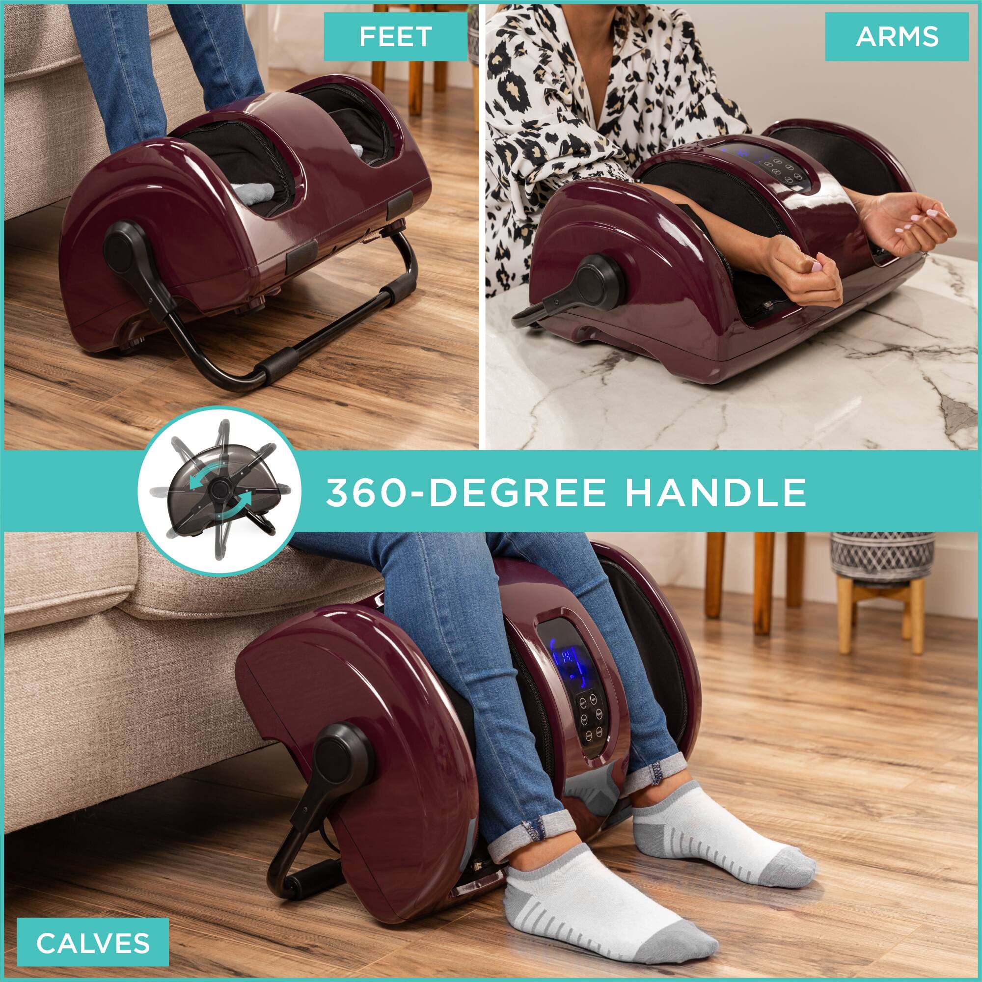 The text in the image can be grouped and corrected as follows:

- **FEET**: Feet
- **ARMS**: Arms
- **360-DEGREE HANDLE**: 360-Degree Handle
- **CALVES**: Calves