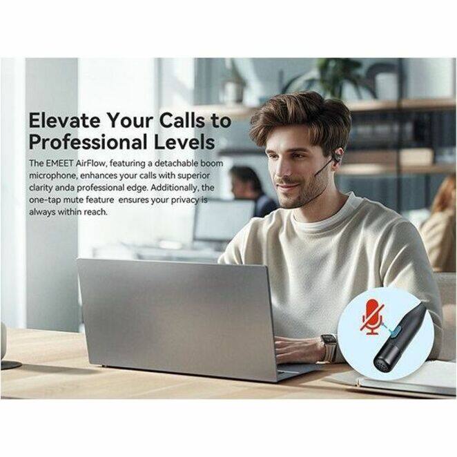 Elevate Your Calls to Professional Levels

The EMEET AirFlow, featuring a detachable boom microphone, enhances your calls with superior clarity and a professional edge. Additionally, the one-tap mute feature ensures your privacy is always within reach.