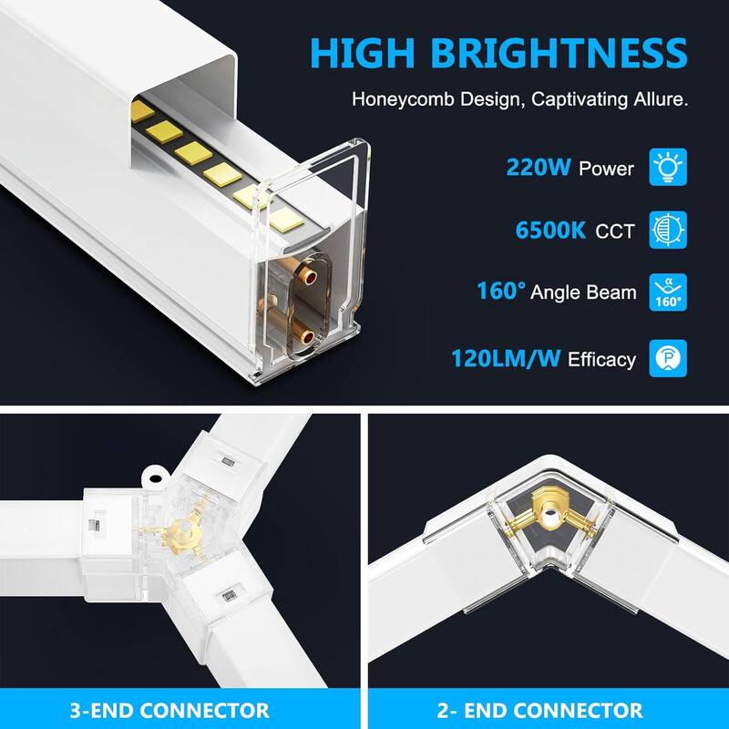 HIGH BRIGHTNESS  
Honeycomb Design, Captivating Allure.  

220W Power  
6500K CCT  
160° Angle Beam  
120LM/W Efficacy  

3-END CONNECTOR  
2-END CONNECTOR