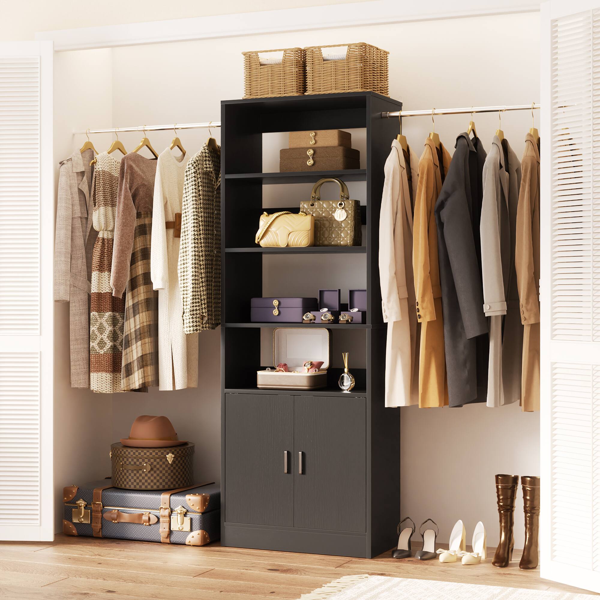 Angle. Aheaplus - 8FT Heavy Duty Wall-Mount Closet Organizer System ,Adj Shelves, Hanging Rods & Storage Cabinet - Black.