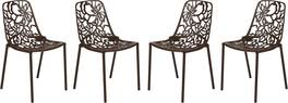 LeisureMod - Devon (Set of 4) Modern Floral Stackable Aluminum Chair - Weather Resistant Indoor/Outdoor Dining Chair - Brown