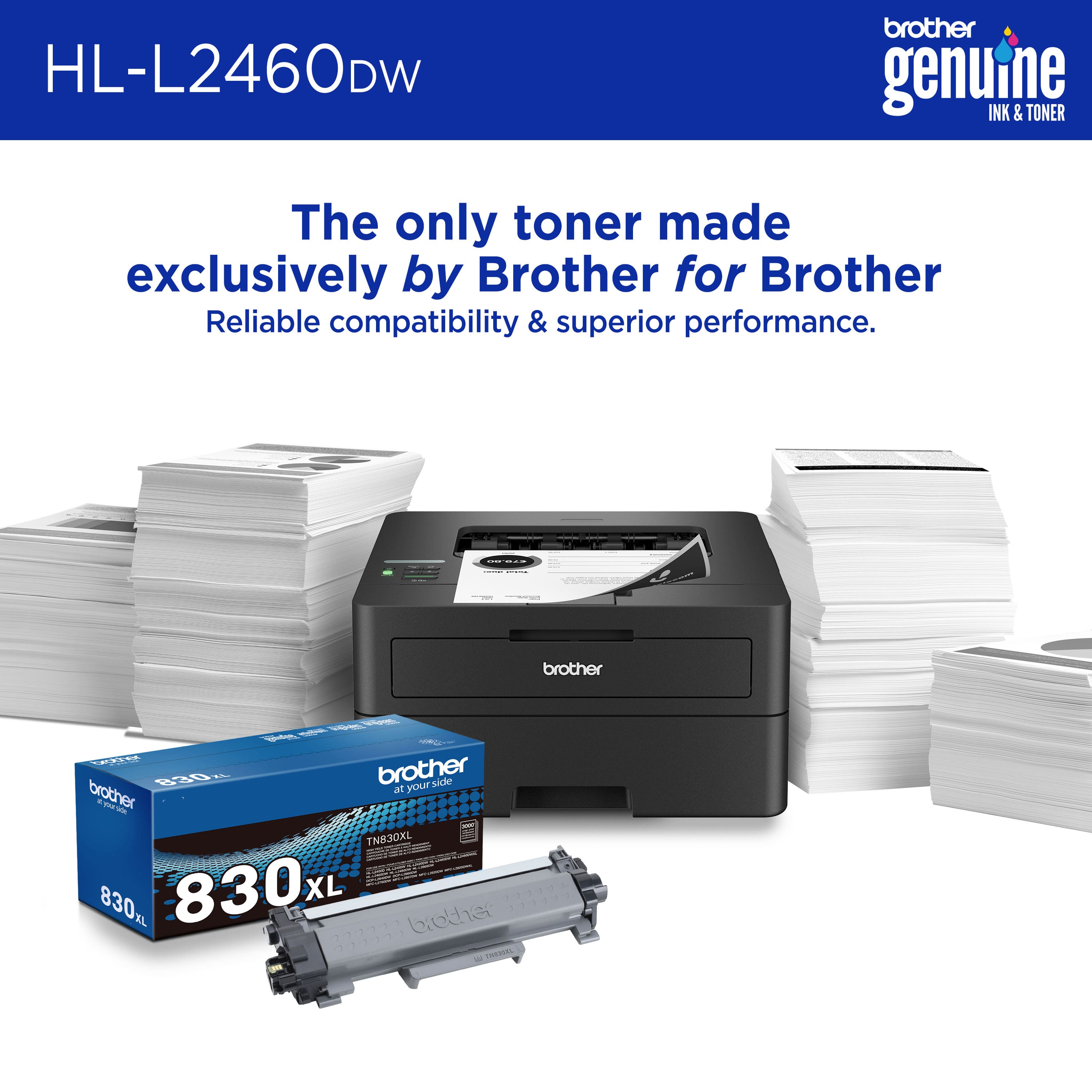 The image features a Brother HL-L2460DW printer, which is known for its reliable compatibility and superior performance. The printer is accompanied by a box of Brother genuine ink and toner, specifically the TN830XL, which is designed exclusively for use with Brother printers. The image emphasizes the importance of using genuine ink and toner to ensure optimal performance and longevity of the printer.
