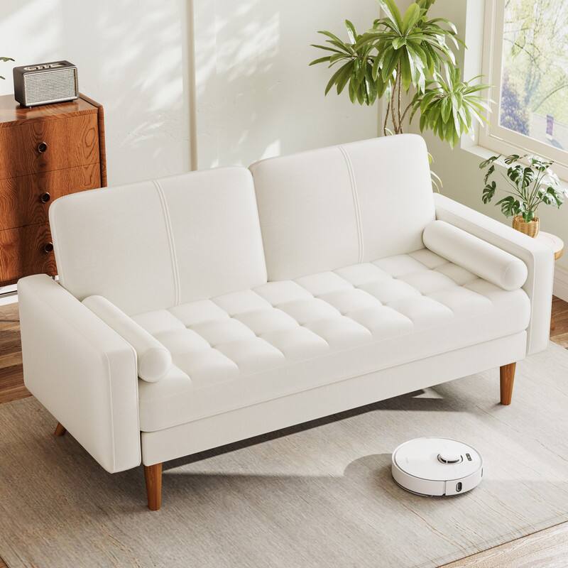 Alt View 1. Dyonery - Dyonery 56" Sofa, Velvet Loveseat Couch for Small Spaces, Mid Century Modern Sofa Couch with Solid Wood Legs, White - Beige.
