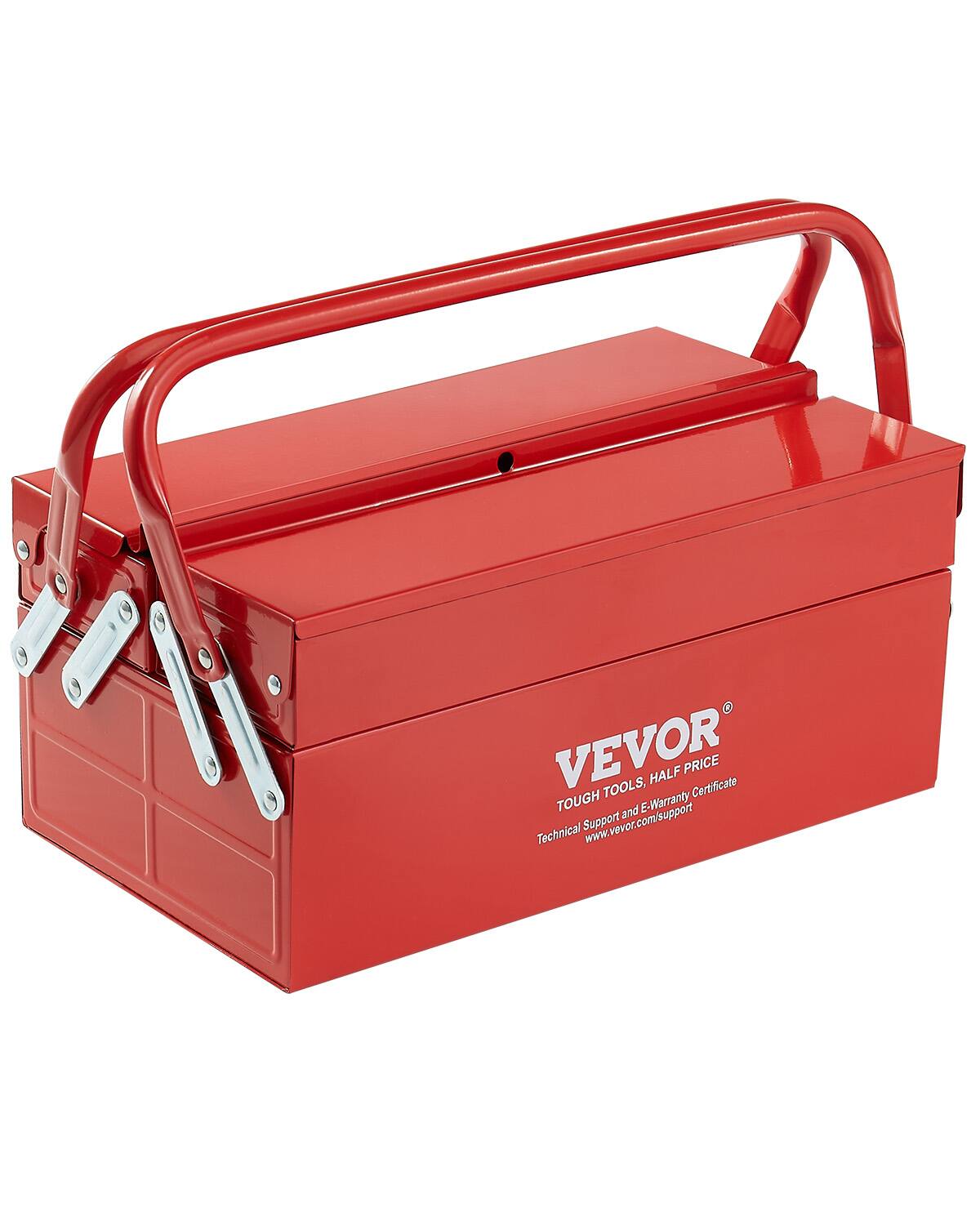 VEVOR - Metal Tool Box, 14-inch,2-Tier 3-Tray Portable Folding Tool Chest Organizer with Handle & Lock Hole, Powder Coated Steel - Red