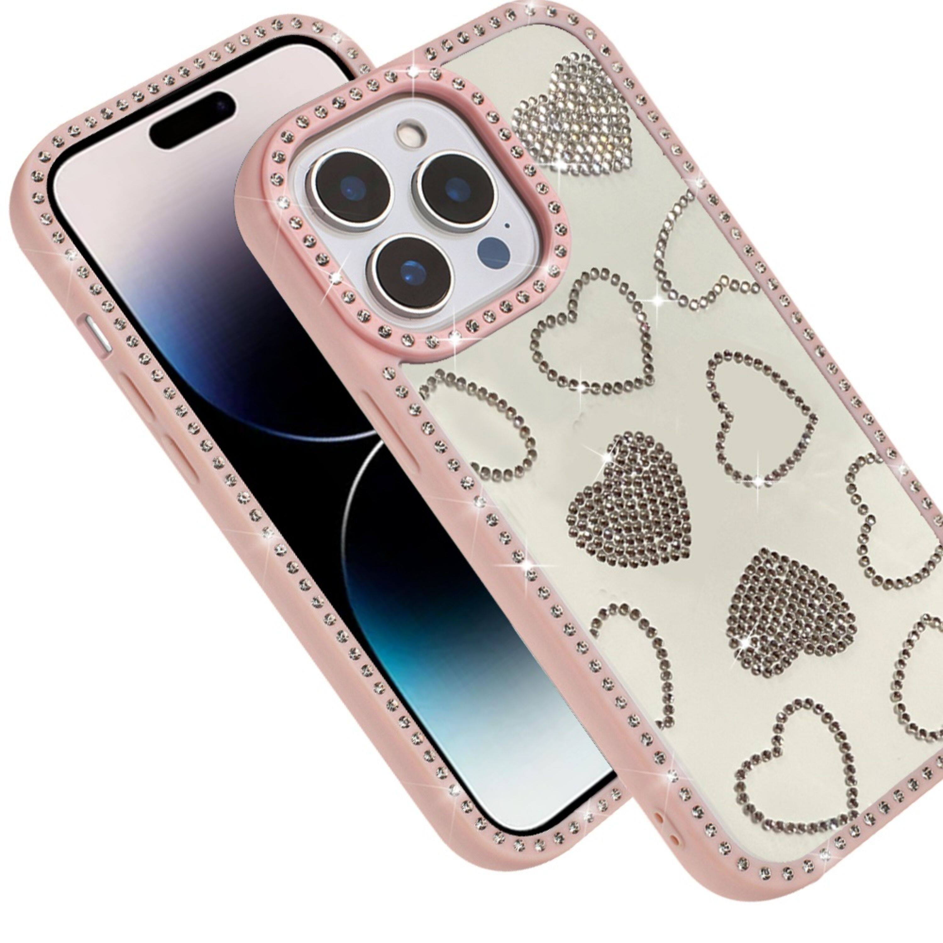 Left. Kitcheniva - Rhinestone Hearts With Bling Around Trim Case For iPhone 14 Pro Max Pink - Pink.