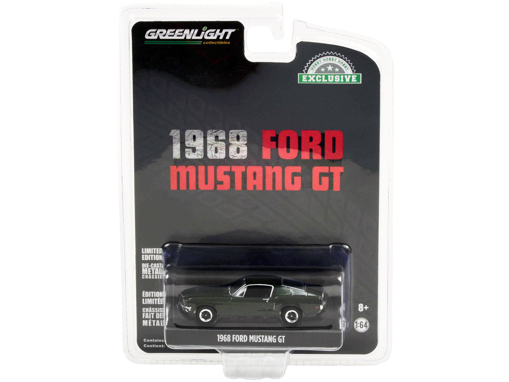 GREENLIGHT collectibles  
EXCLUSIVE  
1968 FORD MUSTANG GT  
LIMITED EDITION  
DIE-CAST METAL CHASSIS  
ÉDITION LIMITÉE  
CHASSIS FAIT DE MÉTAL  
Contains: 1968 FORD MUSTANG GT  
8+  
1:64