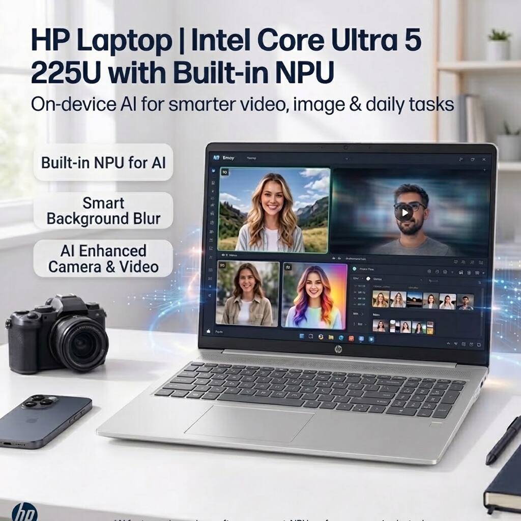 HP Laptop | Intel Core Ultra 5 225U with Built-in NPU  
On-device AI for smarter video, image & daily tasks

Built-in NPU for AI  
Smart Background Blur  
AI Enhanced Camera & Video