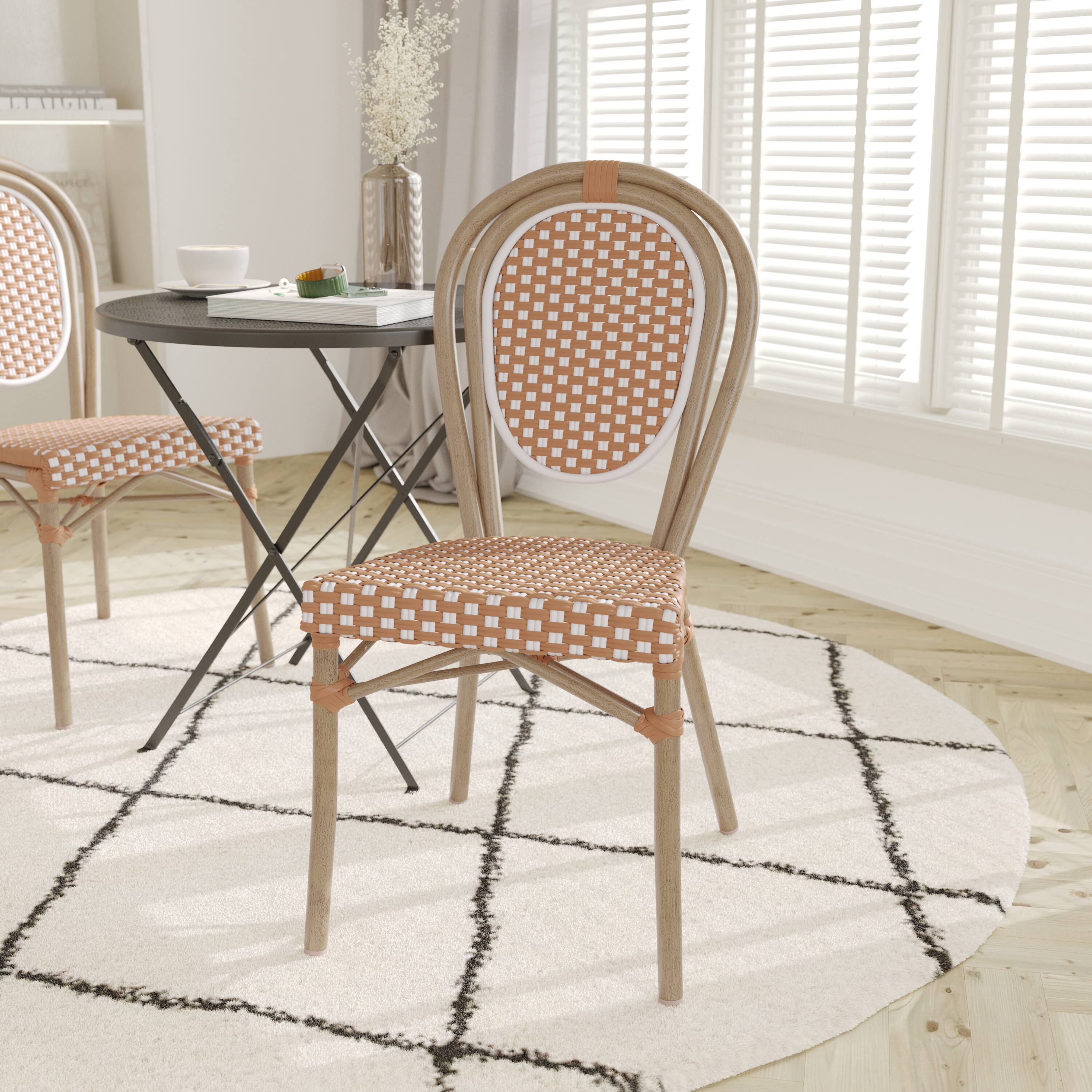 Alt View 1. Emma + Oliver - Colmar Indoor/Outdoor Stacking Thonet Bistro Style Chair with PE Rattan Seat and Metal Frame - Natural & White/Light Natural Frame.