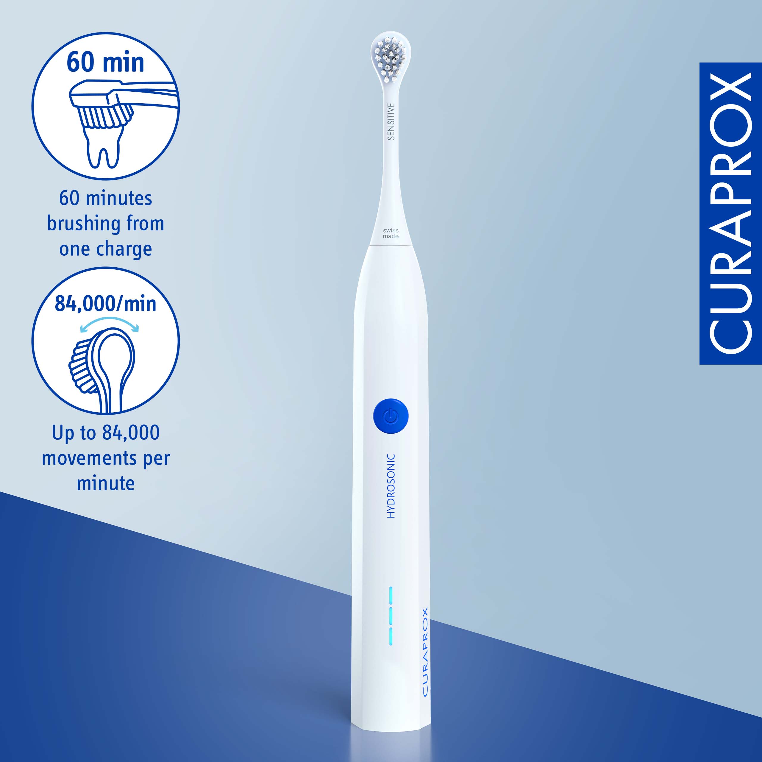 60 min, 60 minutes brushing from one charge, 84,000/min, Up to 84,000 movements per minute, SENSITIVE, HYDROSONIC, CURAPROX, CURAPROX