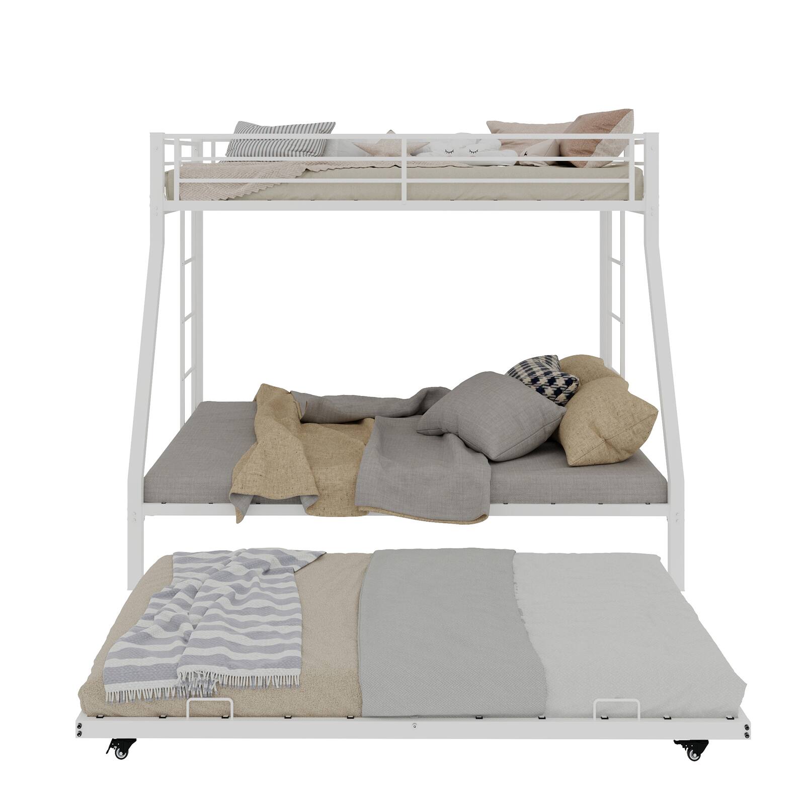 Alt View 8. Loheer - Loheer Metal Triple Bunk Bed Twin Over Full with Twin Trundle White Steel Frame Heavy Duty - White.