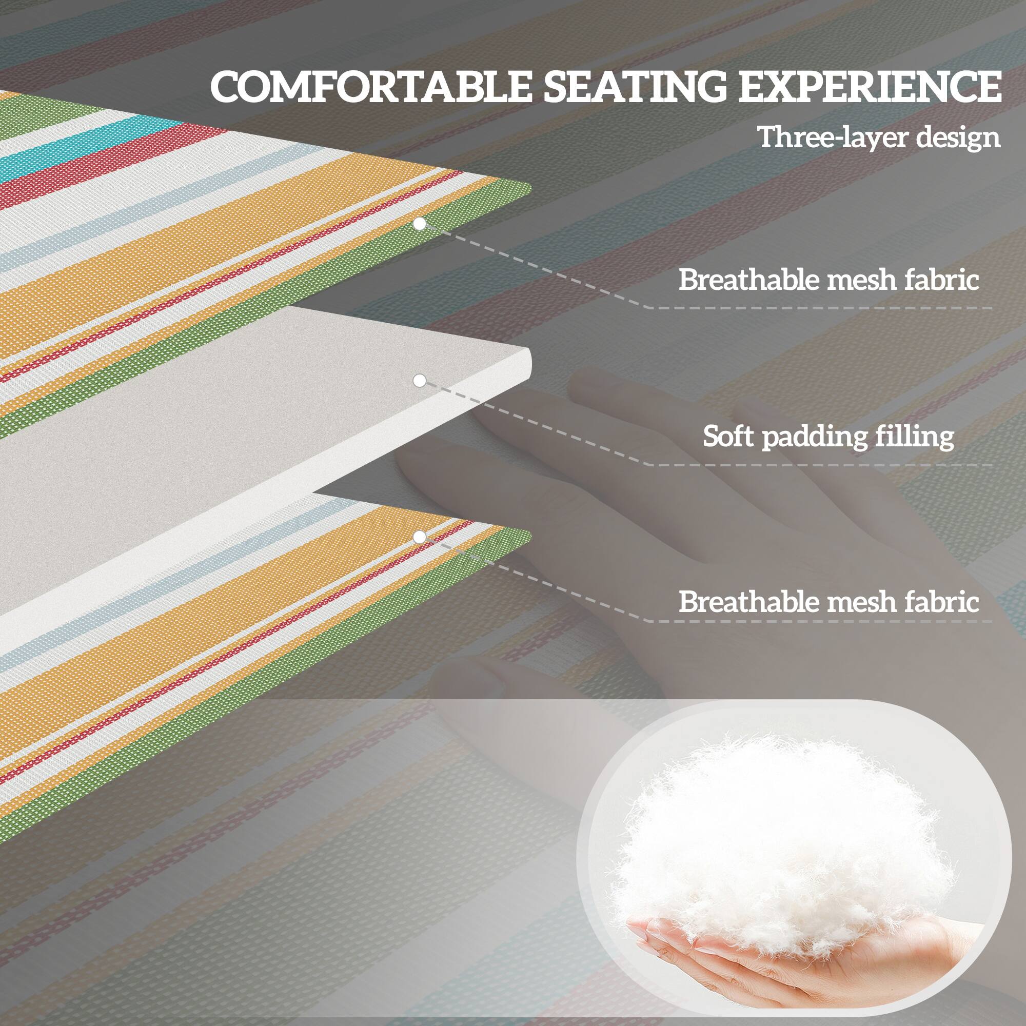 COMFORTABLE SEATING EXPERIENCE  
Three-layer design  
Breathable mesh fabric  
Soft padding filling  
Breathable mesh fabric