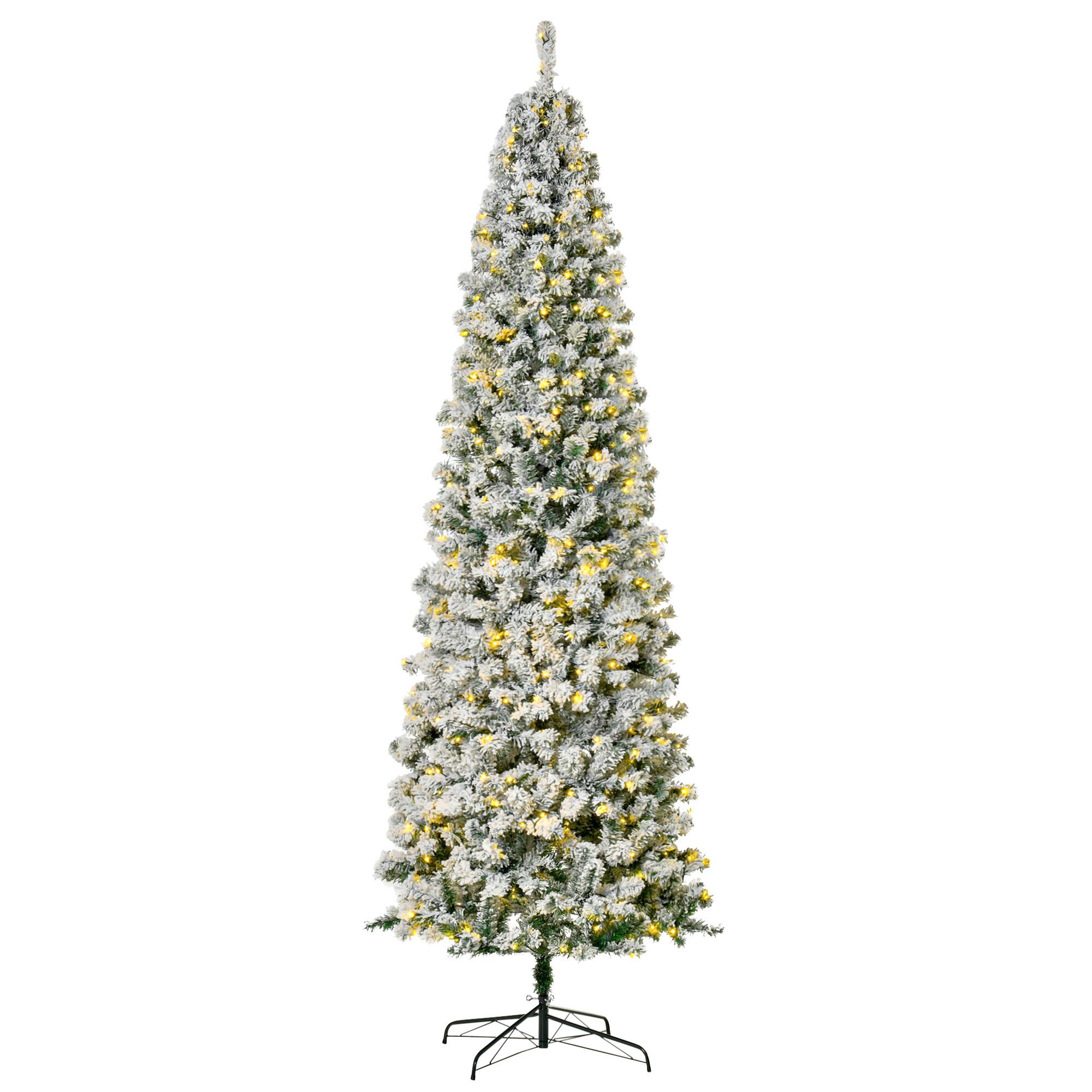 Front. Homcom - Prelit Snow-Flocked Artificial Christmas Tree, Slim Xmas Tree with 550 LED Lights and 988 Branches - Green.