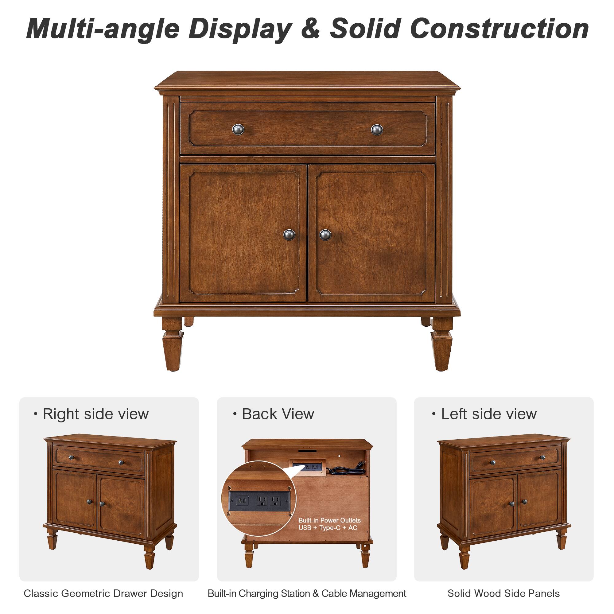Multi-angle Display & Solid Construction

Right side view
Back View
Left side view

1. Built-in Power Outlets USB + Type-C + AC
Classic Geometric Drawer Design
Built-in Charging Station & Cable Management
Solid Wood Side Panels