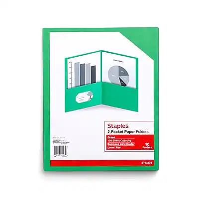 Staples 2-Pocket Paper Folders
Green
100-Sheet Capacity
10 Letter Size Folders
ST13379
