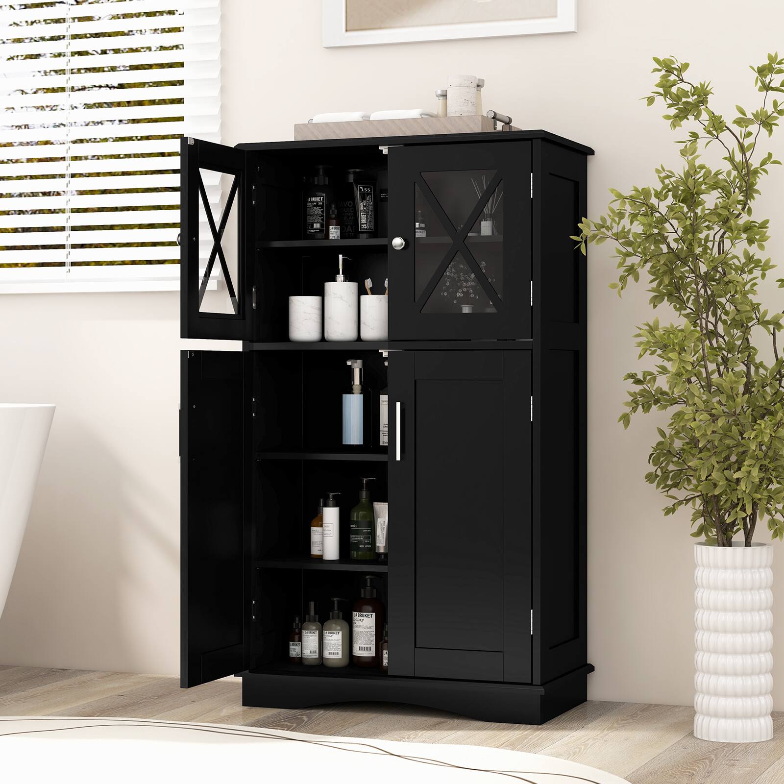 Left. SlickBlue - Freestanding Bathroom Floor Cabinet with 4 Doors and Adjustable Shelves - Black.