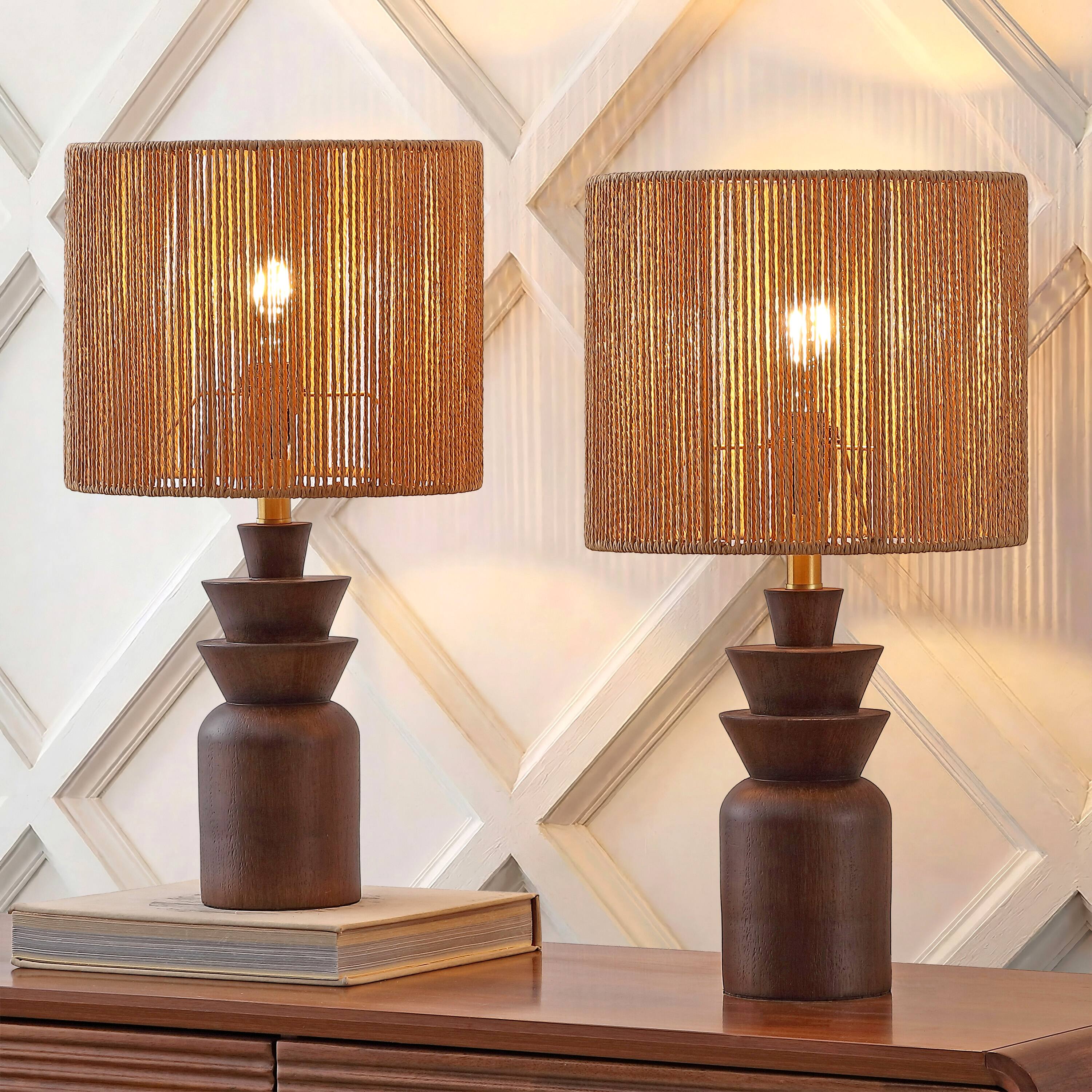 Alt View 1. Jonathan Y - Anderson 22 in. Tiered Totem Resin with Paper Rope Drum Shade LED Table Lamp, Dark Brown Wood Finish (Set of 2) - Dark Brown Wood Finish.