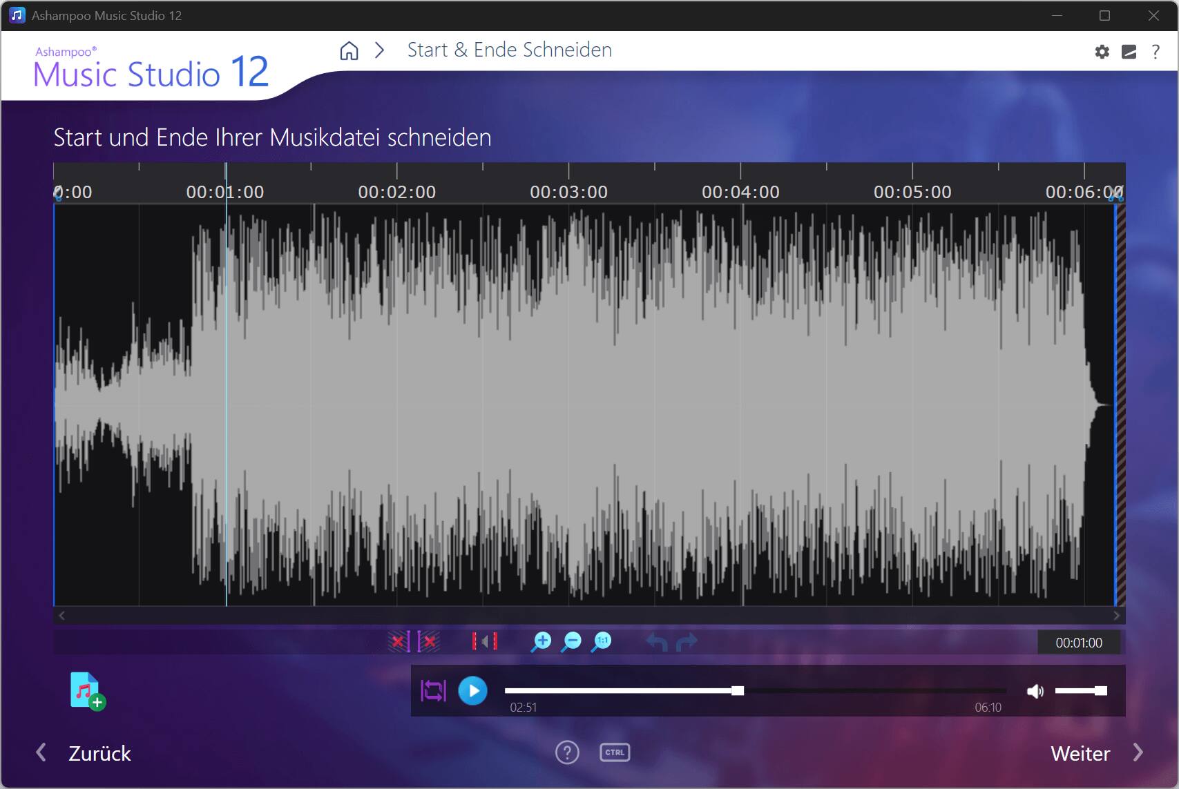 Ashampoo Music Studio 12

Start & Ende Schneiden

Start und Ende Ihrer Musikdatei schneiden

0:00 00:01:00 00:02:00 00:03:00 00:04:00 00:05:00 00:06:00

x + | 1.1 00:01:00 + 02:51 06:10

Zurück ? CTRL Weiter

Weiter