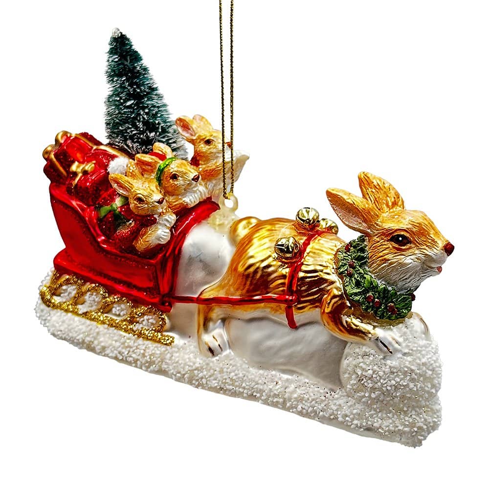 OrnamentallyYou - Enchanting Hare and Sleigh Glass Christmas Ornament Elegant Hand Blown Tree Decor - Multi-colored