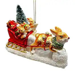 OrnamentallyYou - Enchanting Hare and Sleigh Glass Christmas Ornament Elegant Hand Blown Tree Decor - Multi-colored