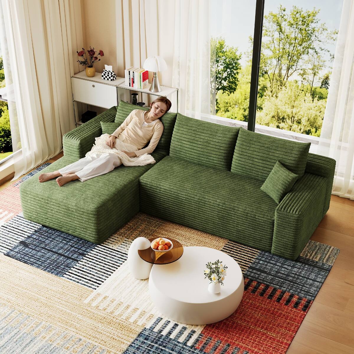 Ropilly 95 Inch U Shaped Sectional Sofa, Green Corduroy Sectional Couch ...