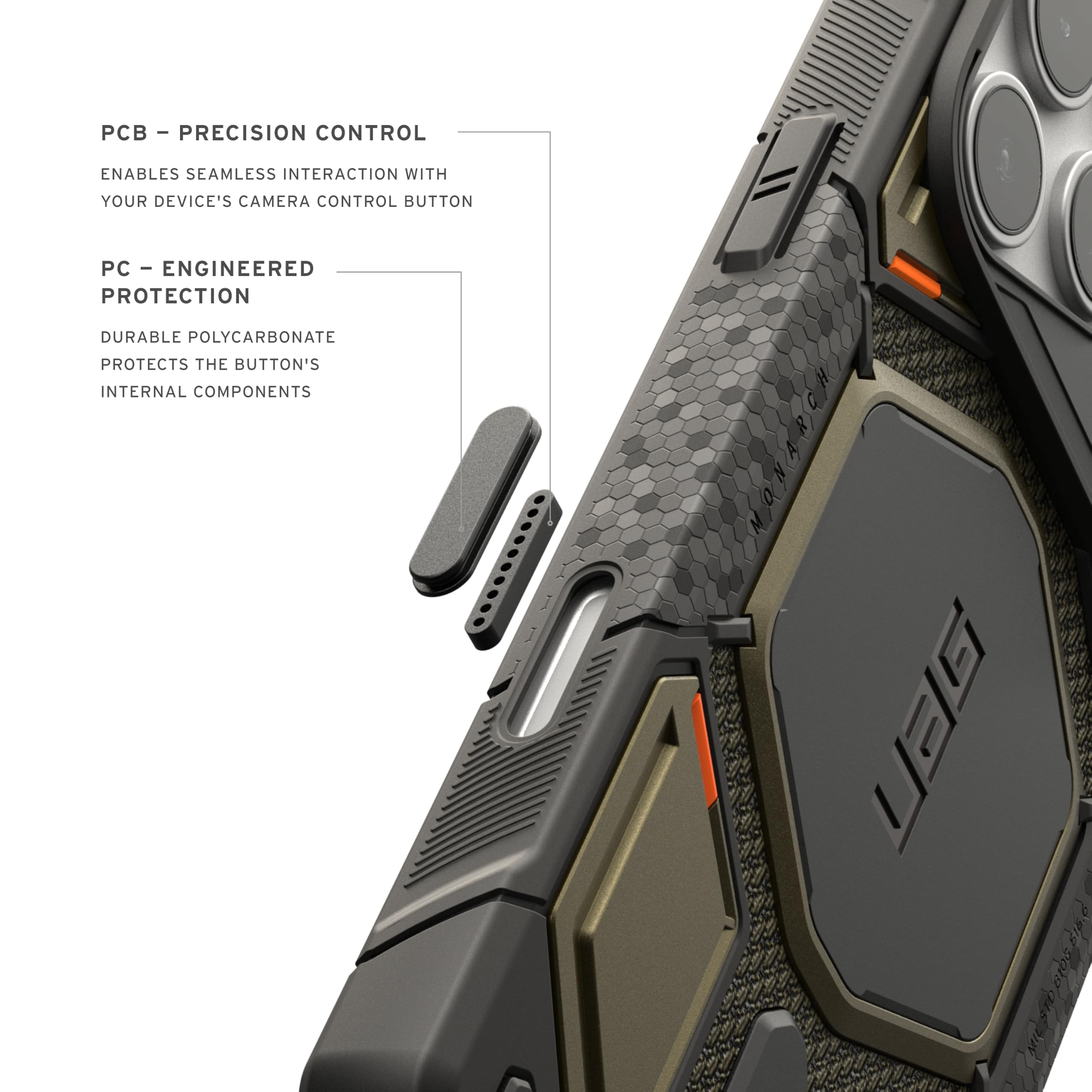 - PCB - PRECISION CONTROL
  ENABLES SEAMLESS INTERACTION WITH YOUR DEVICE'S CAMERA CONTROL BUTTON

- PC - ENGINEERED PROTECTION
  DURABLE POLYCARBONATE PROTECTS THE BUTTON'S INTERNAL COMPONENTS