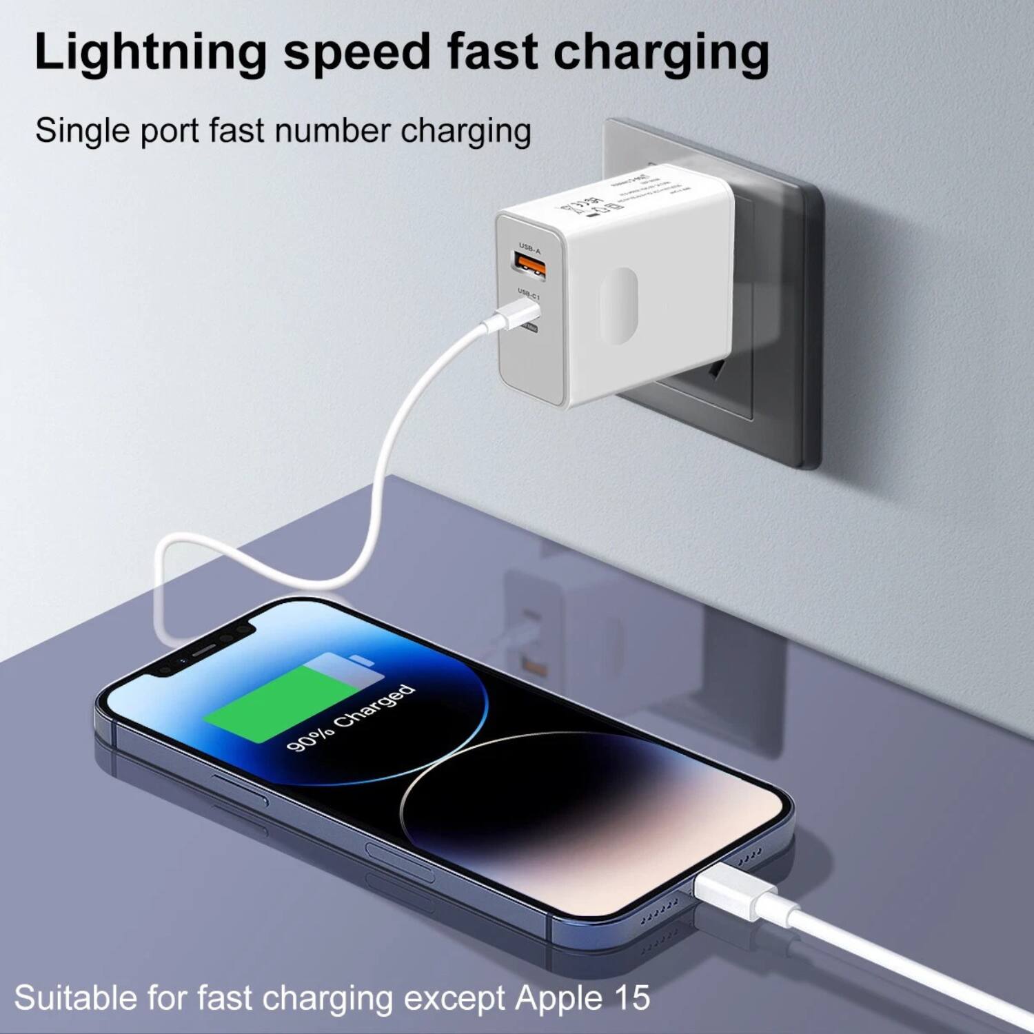 Lightning speed fast charging  
Single port fast number charging  

90% Charged  

Suitable for fast charging except Apple 15