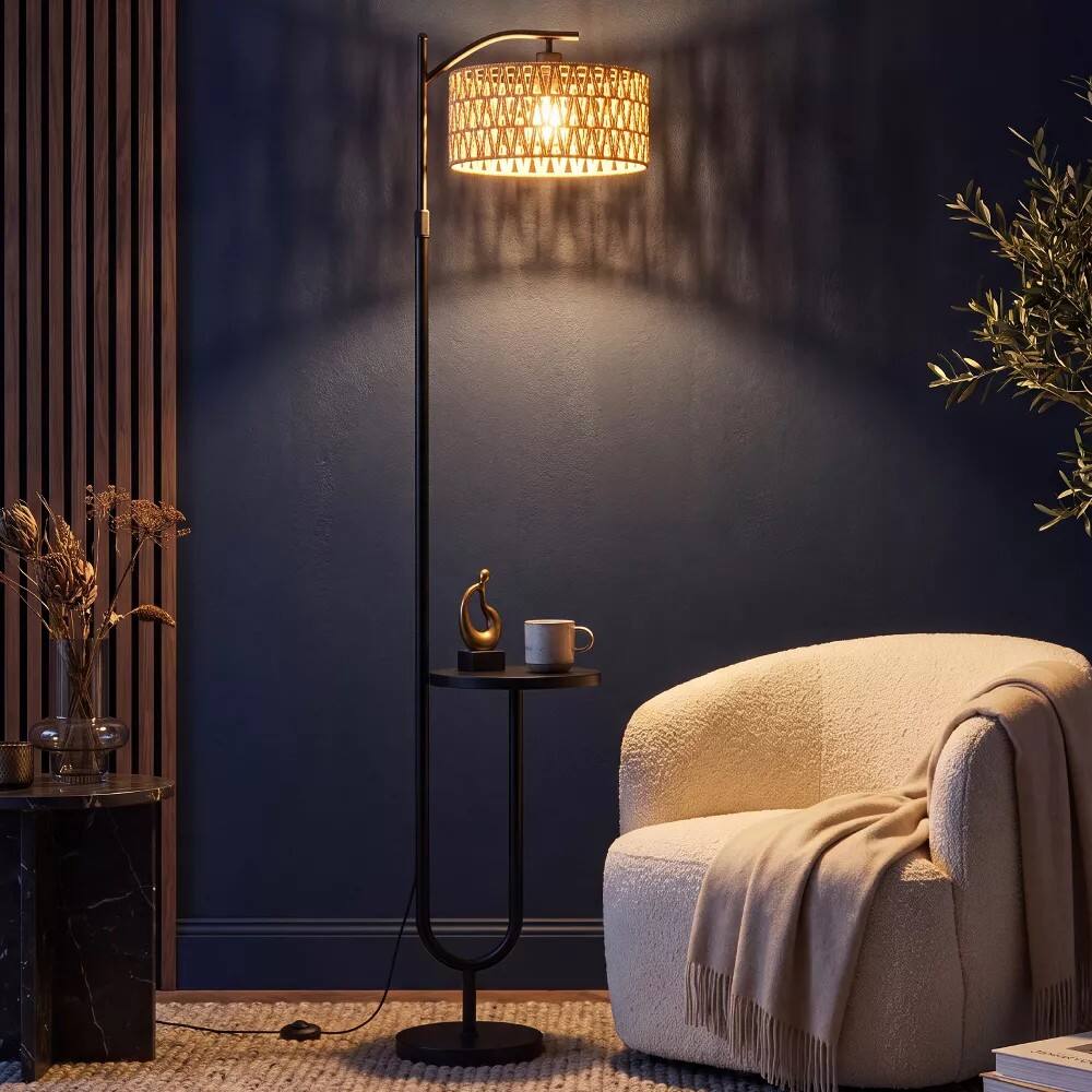 Back. Sugift - Floor Lamp with Side Table Adjustable Height 3-Color Temperature Foot Switch for Living Room - Black.